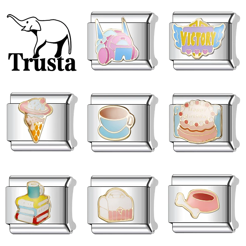 Trusta 2026 New Birthday Cake Bread Ice Cream  Charms Italian Links 9mm Bracelets Bangle Stainless Steel DIY Making Jewelry N575