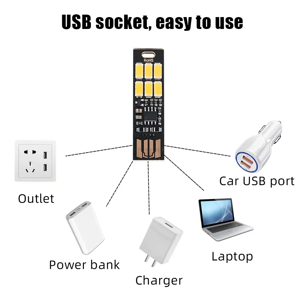 Portátil LED Night Light com Sensor de Toque, USB, Mini, 5V, Banco de Potência, Computador, Laptop, PC, Livro de Leitura, Branco Quente, Table Card Lamp