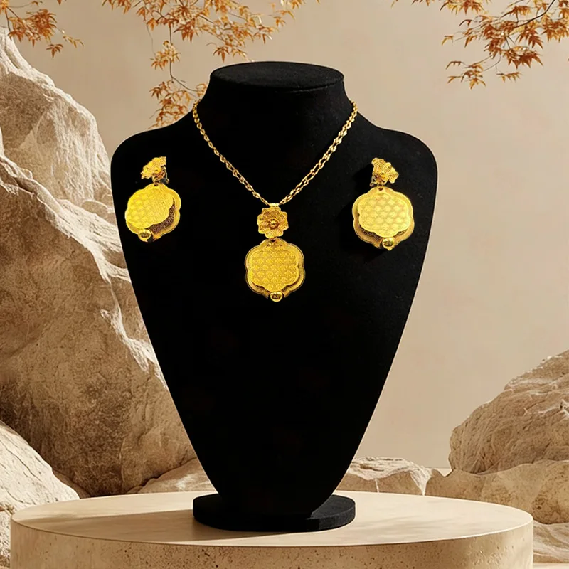 Dubai European Fashion Women's 24K Gold Plated Necklace Earrings Exquisite Engagement Party Jewelry Set for Lovers DD11052