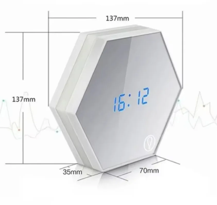 4-In-1 Multifunctional Hexagonal Mirror Electronic Digital Alarm Clock with Thermometer Light Emitting Diode Night Light