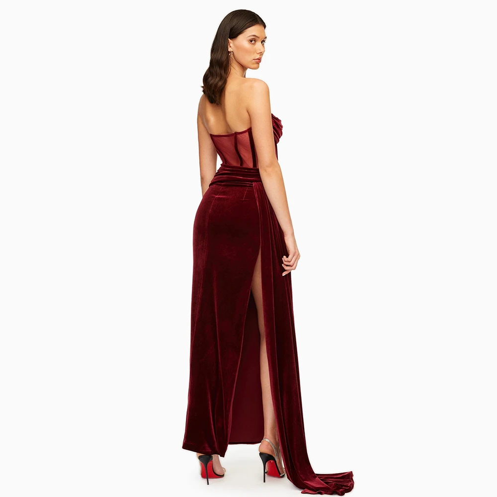 CustomizedBurgundy Strapless Prom Gown Sexy Side High Split See-Through Velour Evening Dresses Beading Pleat Long Christmas Part