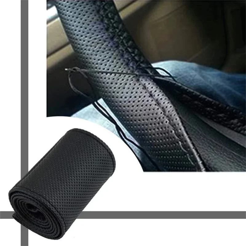 Capa de Volante Automotivo em Couro PU com Agulhas e Linha para Trançar, Kit DIY Texturizado Macio, Acessórios Automotivos Pretos 37-38cm