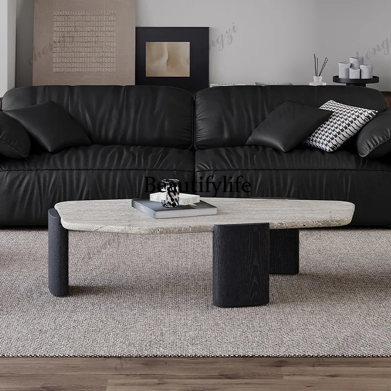 Wabi Sand wind travertine coffee table living room home modern simple light luxury solid wood creative special shape