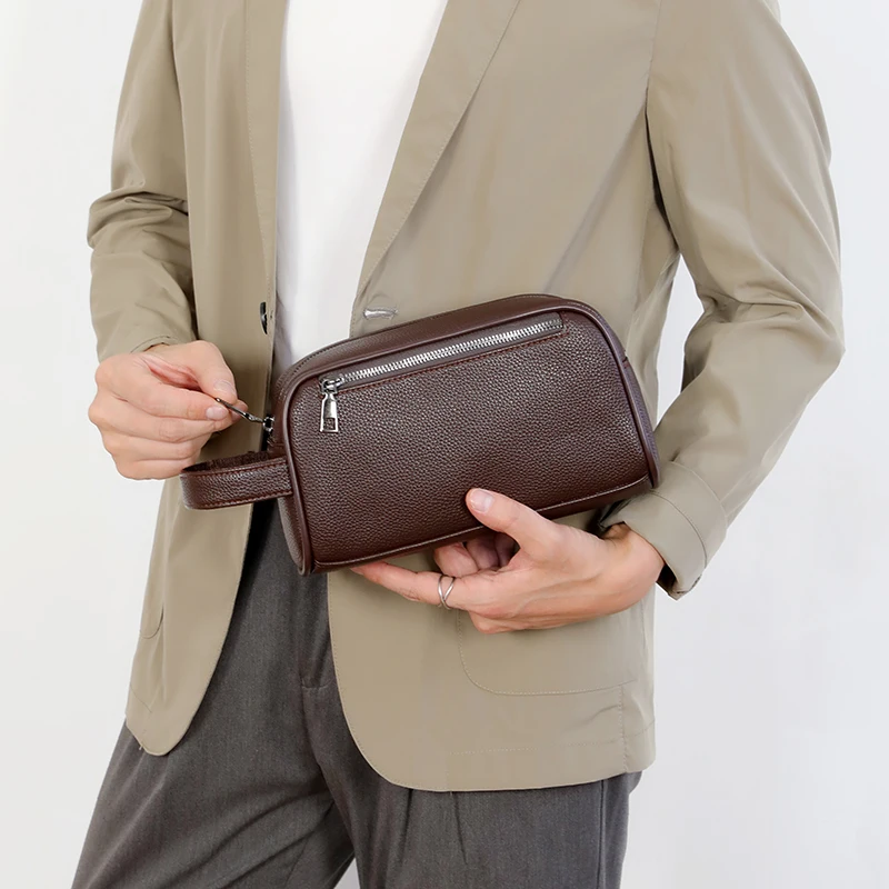 Black PU Leather Men Toiletry Bag with Zipper Closure and Handle for Travel and Daily Use