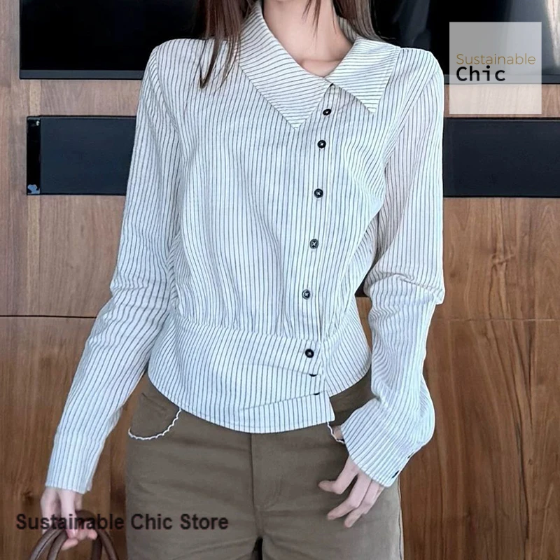 Korean-style fashion irregular waist shirt women's spring and summer new versatile lapel striped inclined placket waist shirt