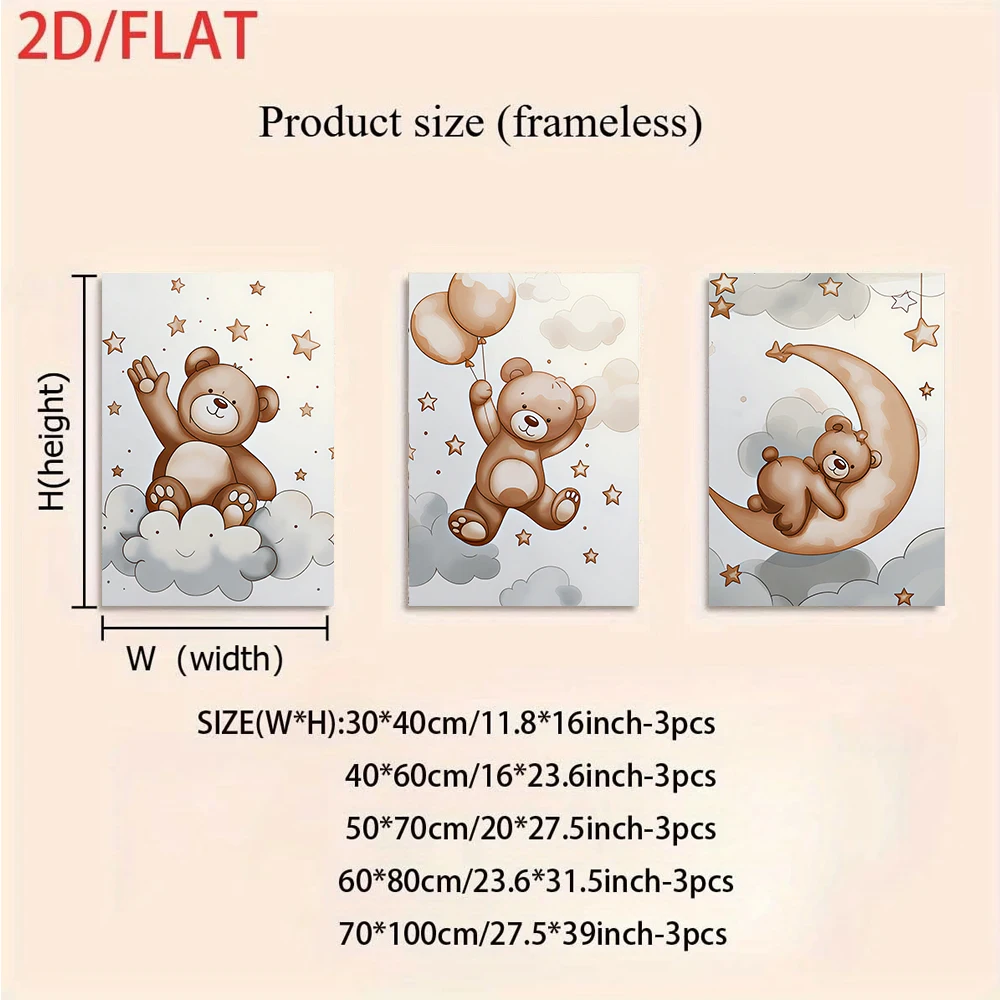 1 set of cute teddy bear cartoon frameless triptych decorative paintings with warm and cute style 2D flat