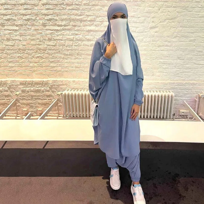 2pcs Women Khimar Pant Set Abaya Prayer Dress Muslim Full Cover Eid Djellaba Hooded Ramadan Abaya Kebaya Jalabiya Islam Clothing