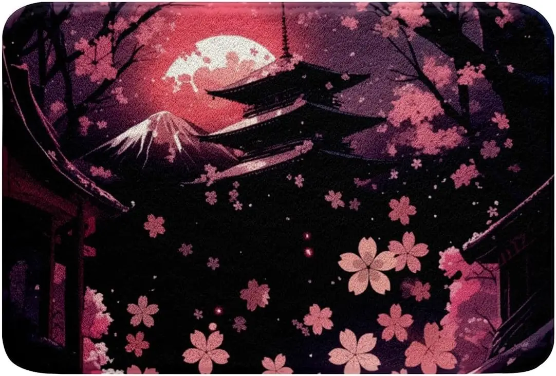 Japanese Pagoda Doormat, Cherry Blossom Entrance Rug, Mt Fuji Floor Mat, Anime Style Night Carpet, Asian Home Decor