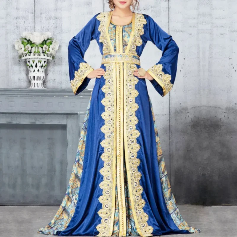 Moroccan Caftan Dubai Turkey Muslim Dress Women Blue Abaya Elegant Lady Islamic Clothing Jelaba 2022 Eid Mubarak Djellaba Femme