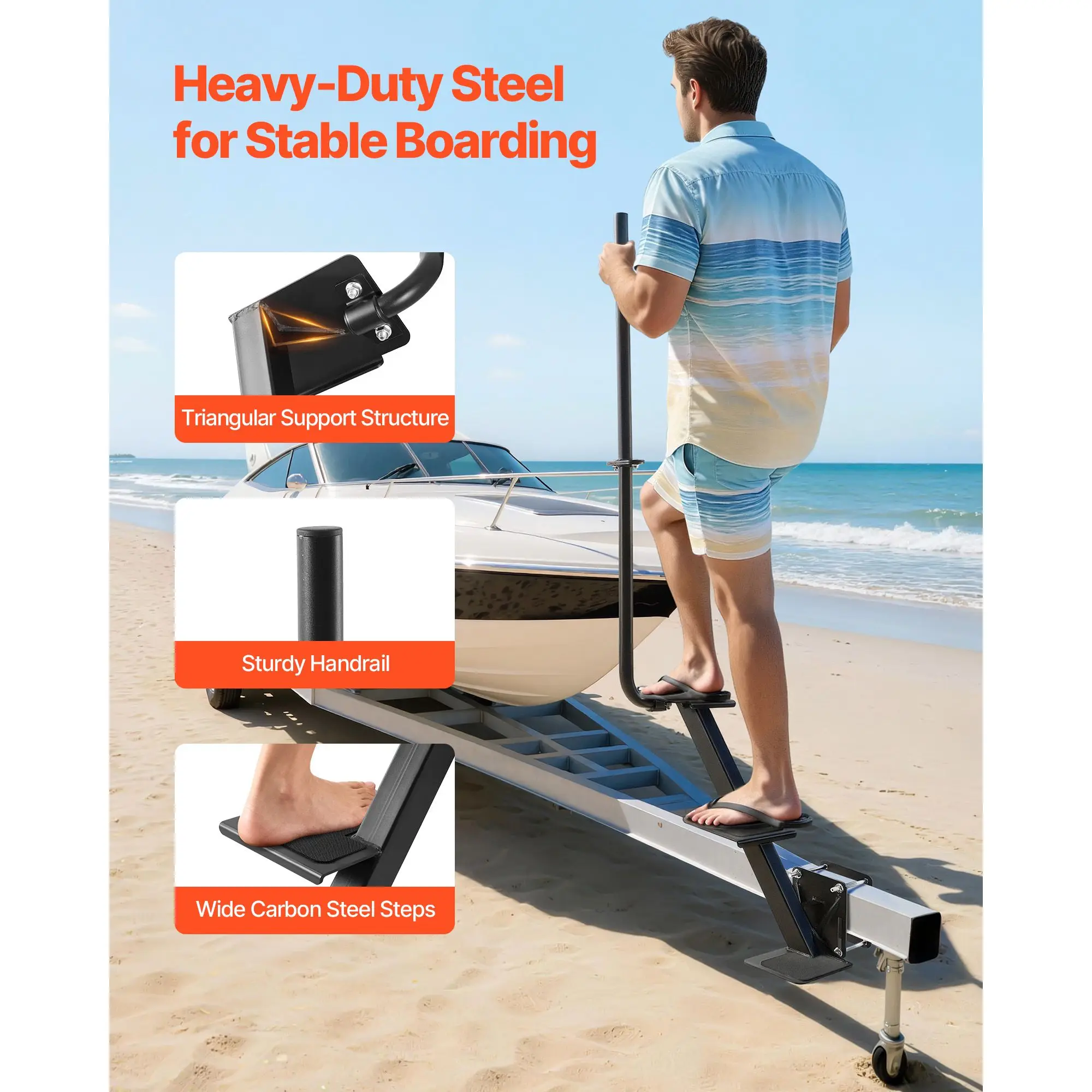 Boat Trailer Steps, 3-, Heavy-Duty with Handle, Non-Slip Surface, 3 Mounting Angle Options, Carbon Steel Ladder Suitable for 3