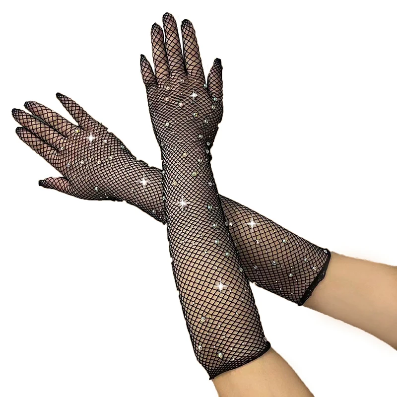 Sexy Elastic Rhinestones Mesh Gloves Flash Diamond Full Finger Fishing Net Gloves Electronic Music Festival Clothing Accessories