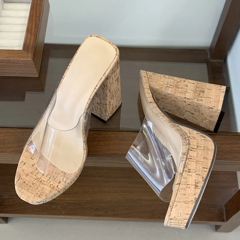 Eilyken New Summer PVC Transparent Square High Heels Woman Slippers Fashion Chunky Platform Open Toe Female Shoes