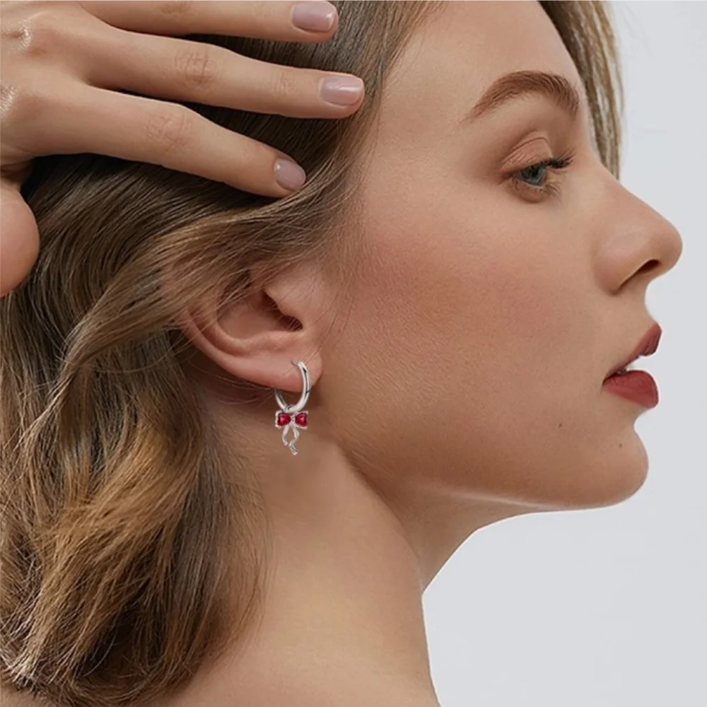 Christmas Party 925 Sterling Silver Red Bow Jewelry Set