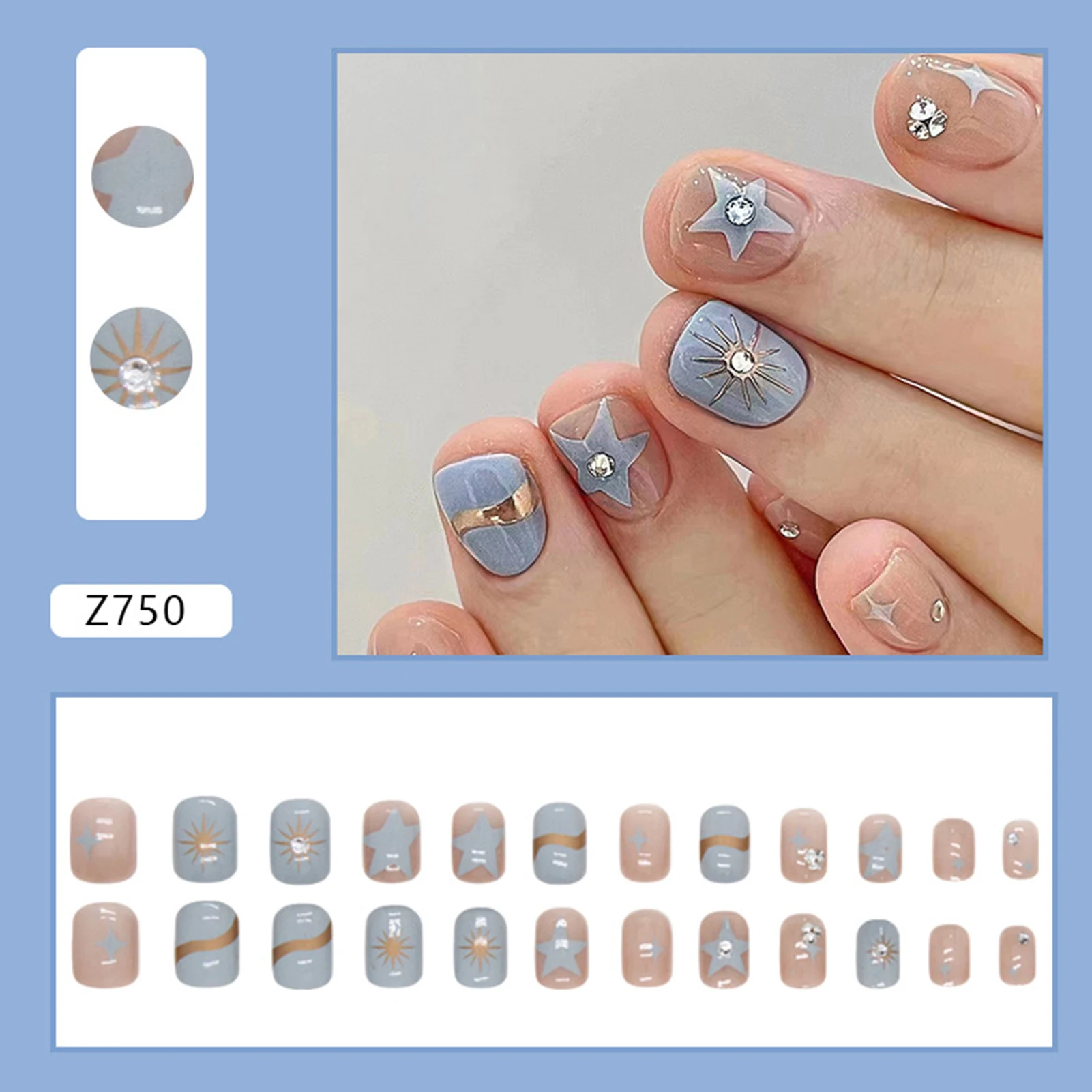 Light Blue Short False Nails with Rhinestone Ultra-flexible Long Lasting Fake Nails for Women and Girl Nail Salon