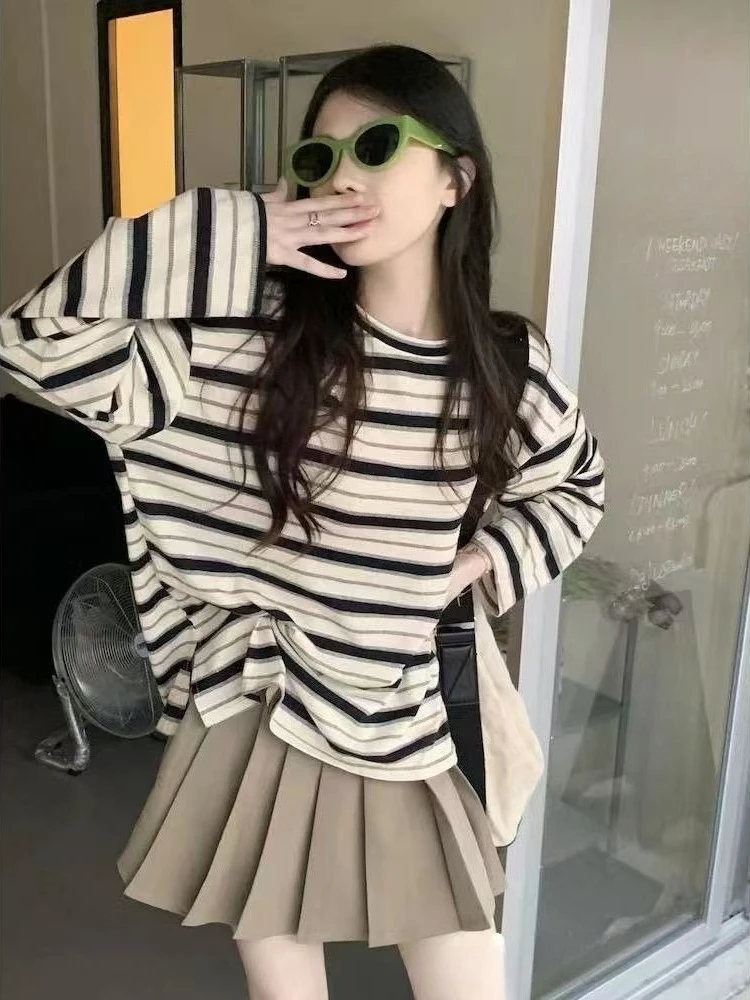 

​Campus Chic Striped Blouse Women Autumn Loose Fit Long Sleeve Top Korean Fashion Everyday Wear​