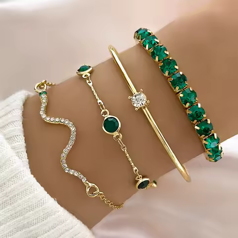 4Pcs Fashion Green Rhinestone Bracelet Set For Women Gold Silver Color Snake Shape Open Bangle Female Trendy Party Jewelry