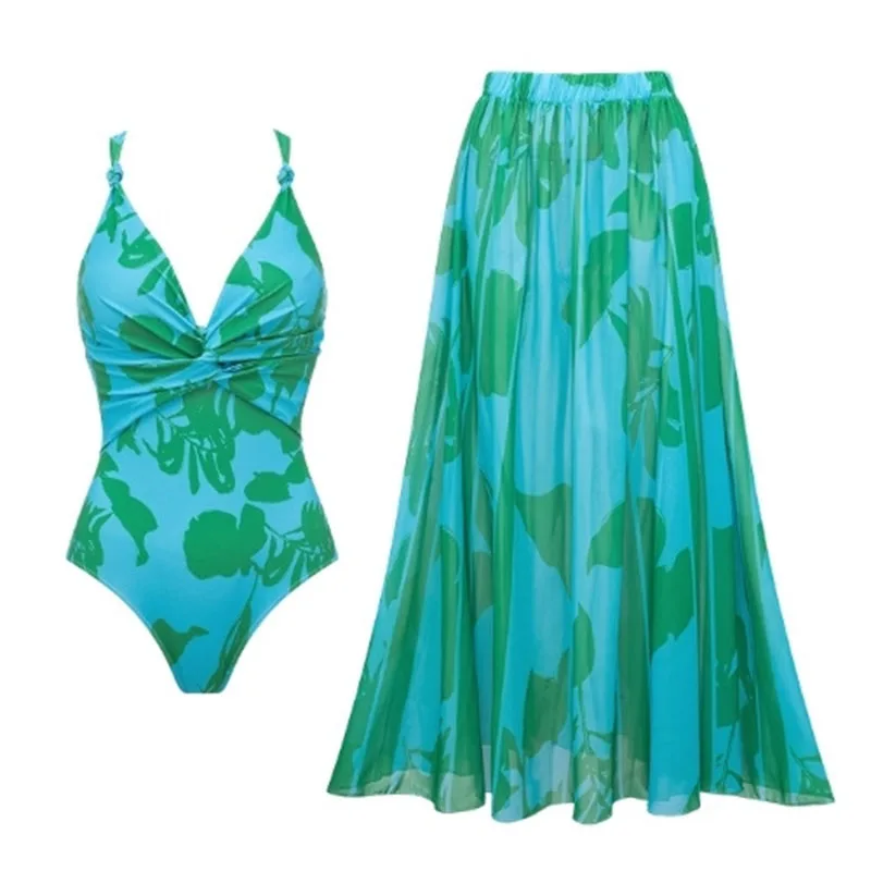 Fashionable Green One-Piece Swimsuit for Women with Floral Resort Print Waterwear Ladies' Stylish Swimwear Set