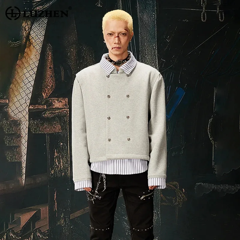 LUZHEN 2026 New High Quality Woolen Short Jacket Men's Trendy Solid Color Double Breasted Male Fake Two Piece Design Coat JY6256
