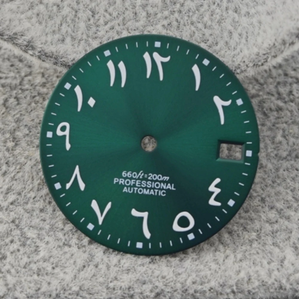 

Arabic Numerals Scale Watch Dial 28.5mm, for NH35/NH36 Movement, BGW9 Blue-Green Luminous Watch Face, Single Calendar Dial NH35