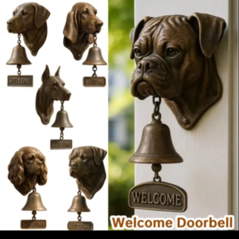 New Resin+Metal Welcome Doorbell Loud Ringing Weatherproof Dog-Shaped Chime Bell Hanging Decorations Wall Mount Dinner Bell Cott