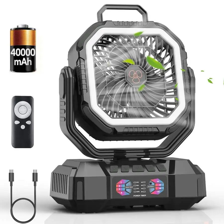 40000mAh Upgraded Model Camping Fan | 4-Speed Remote Control And LED Light, Portable Outdoor Fan, Equipped With Tent Hook, Suita