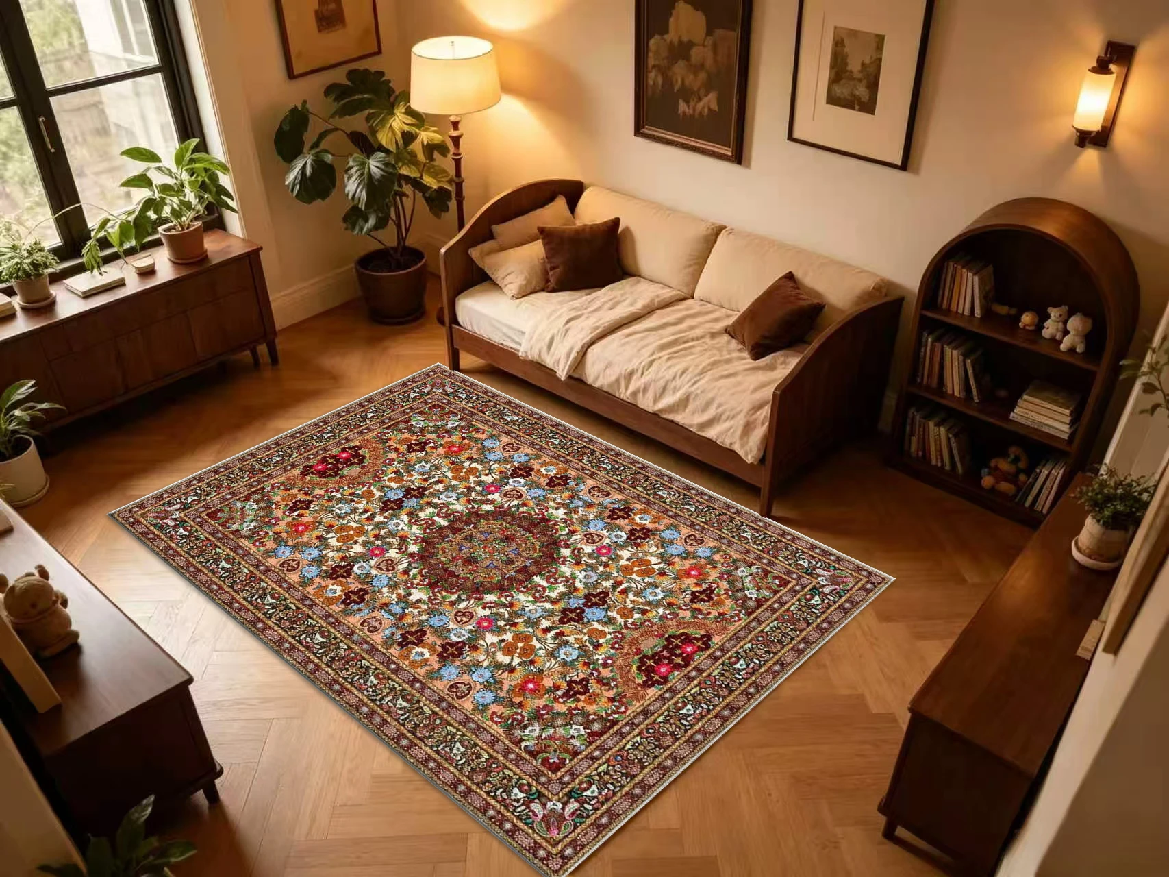 Luxury Oriental Floral Square Area Rug Traditional Persian Medallion Border Printed Floor Carpet for Living Room Bedroom Home Decor