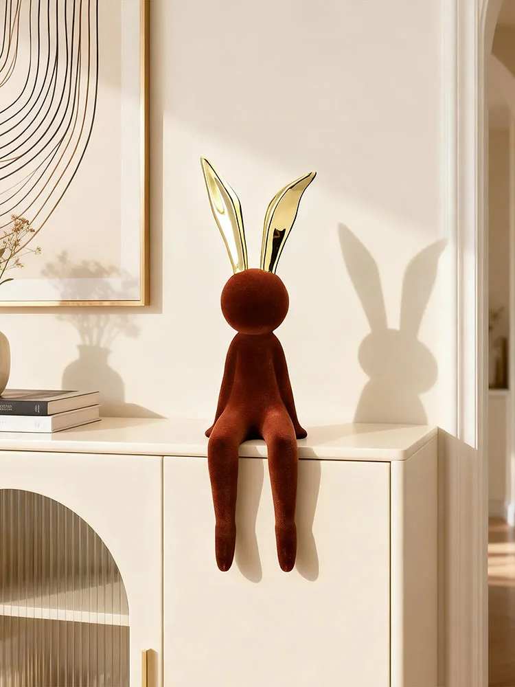 Home Decor Flocking Rabbit Statue Desktop Art Ornaments Luxury Living Room TV Cabinet Lucky Animal Sculptures Housewarming Gifts