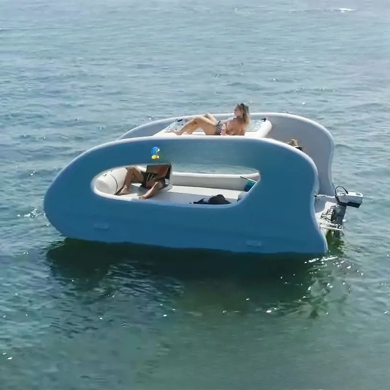 Sea inflatable floating house with motor, multi-person leisure floating boat, seaside vacation water sofa floating island