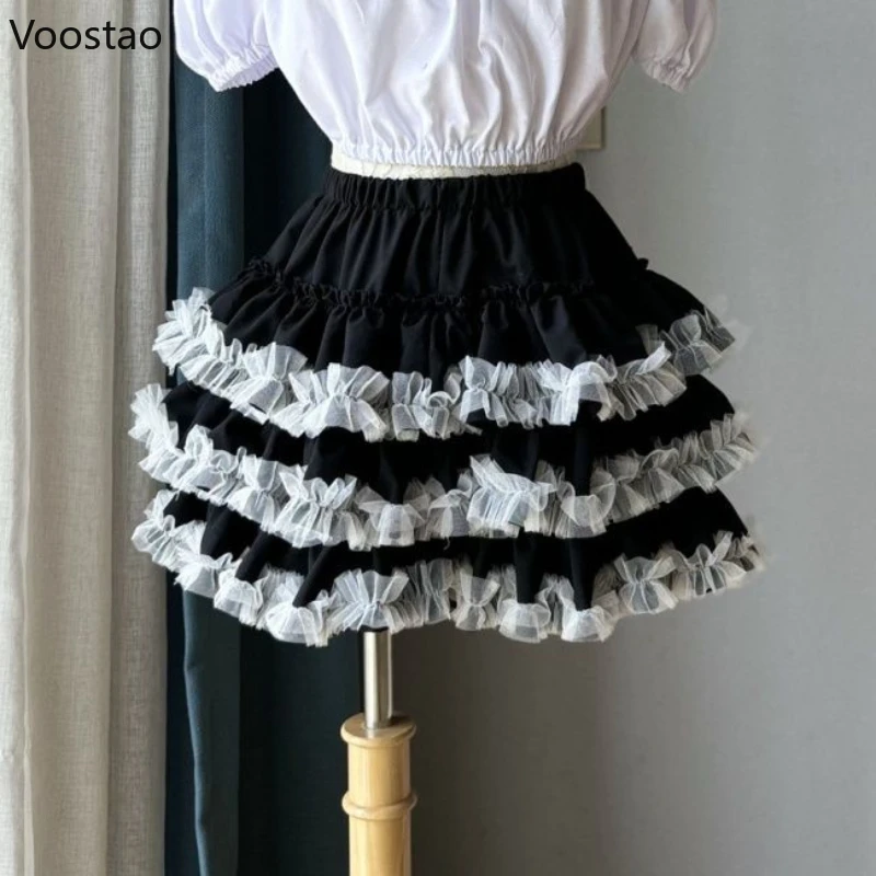 Słodkie spódnice Kawaii Lolita tort japońskie kobiety gotyckie Y2k falbany puszyste spodenki halki dziewczęce na co dzień moda spódnica Culotte