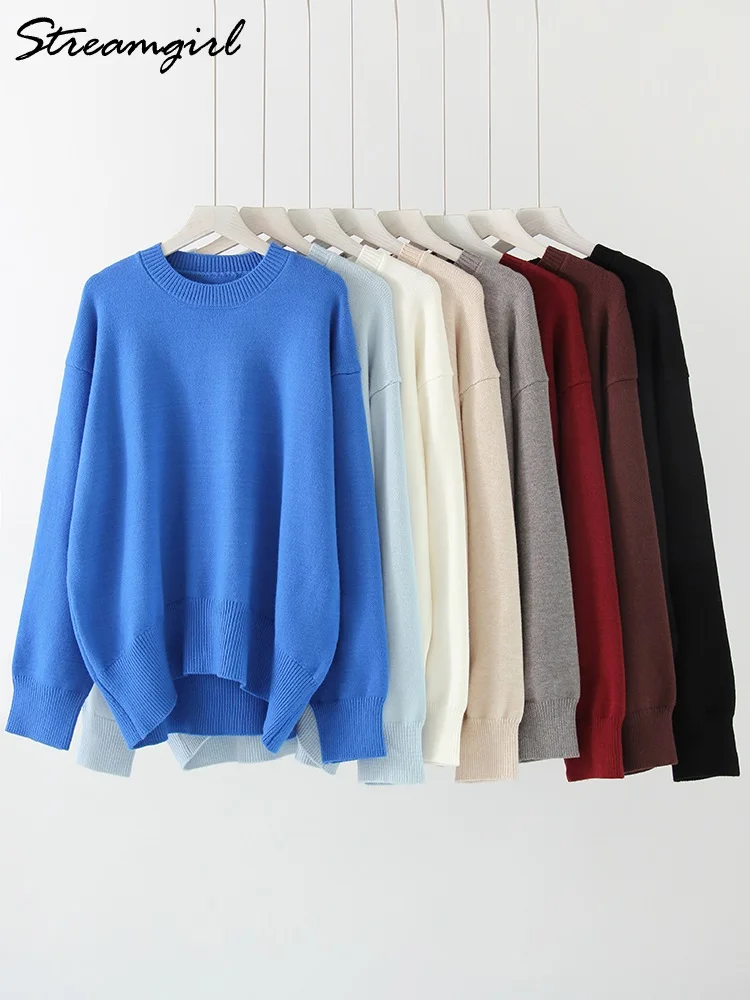 Basic Sweaters For Women Oversize O Neck Knitted Pullovers Autumn Winter Loose Tops Women's Jumper Light Blue Sweaters Oversized