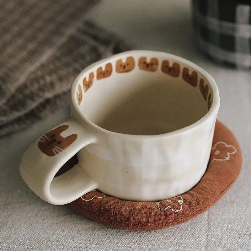 Hand Painted Cat Ceramic Mug Cute Checkered Plaid Irregular Stoneware Coffee Tea Cup Kawaii Animal Breakfast Mug Microwave Safe