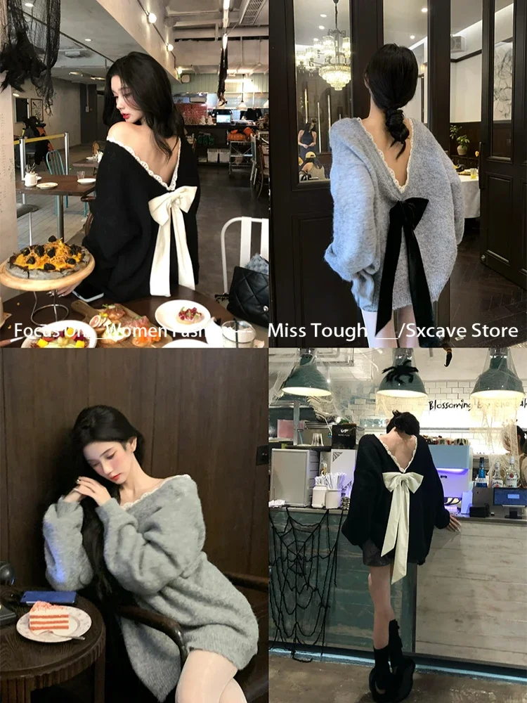 Elegant Bow Sexy Black Sweater Women New Year Autumn Chirstmas Clothing Korean Fashion Knitted Pullover Office Lady Jumpers Y2k