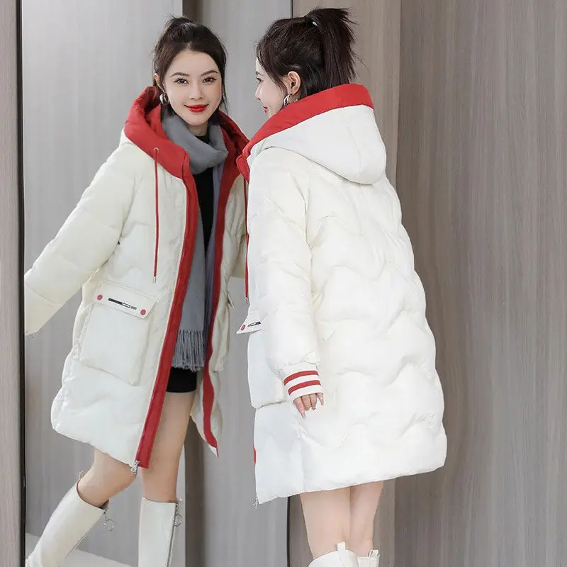 New 2023 Down Cotton Coat Women Mid Length Loose Large Hooded Coat Casual Down Warm Cotton  Thickened Coat Down Cotton Jacket