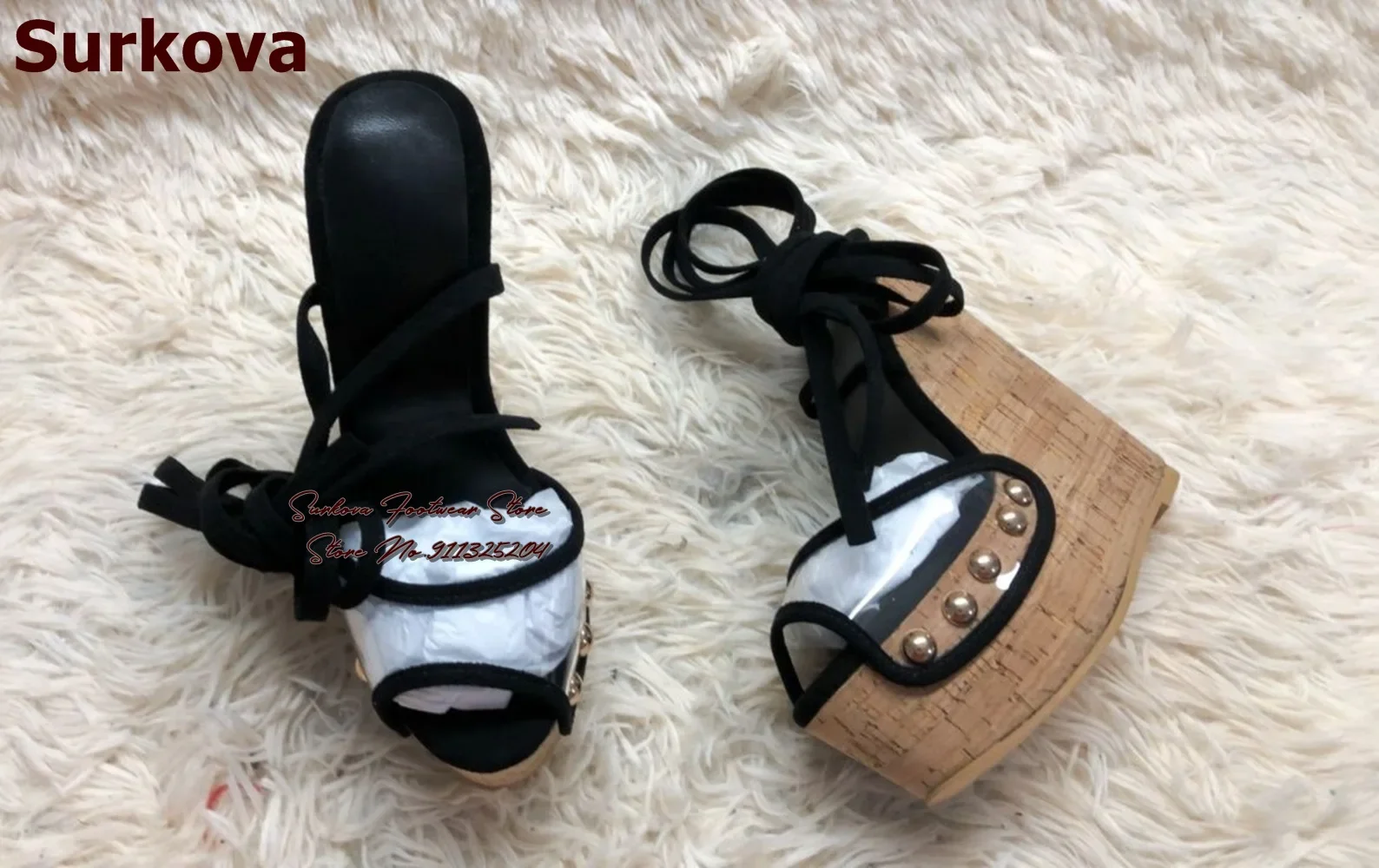 Surkova 나무 패턴 웨지 힐 샌들, 투명 PVC 패치워크 레이스업 원피스 슈즈, 하이 플랫폼 오픈 토 연회 펌프