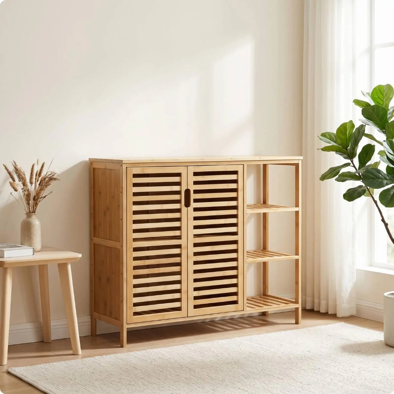 Bamboo Cabinet Freestanding Slatted Door Cabinet Ventilated Furniture for Entryway Bathroom Lavatory Living Room
