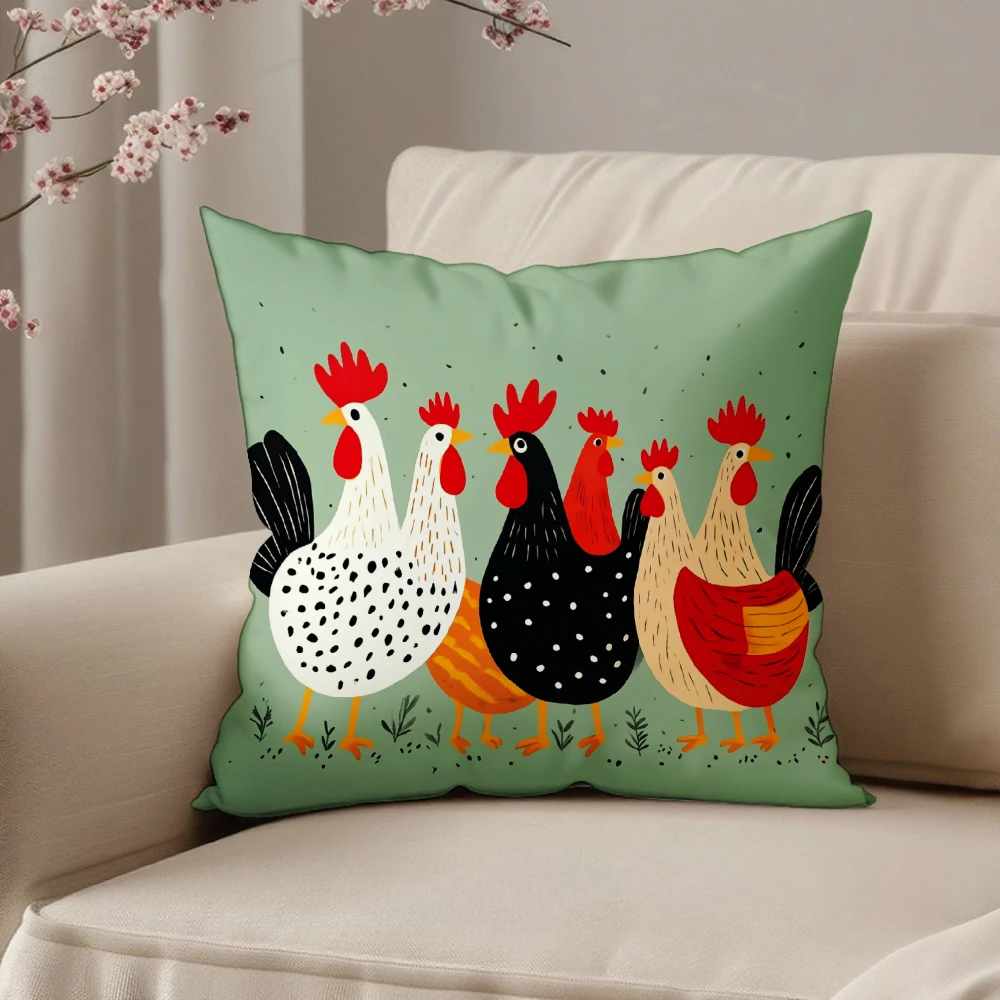 Square Throw Pillow Case Sage Green Cute Cartoon Chicken Rooster Hen Pattern Decorative Cushion Cover For Living Room Sofa Bedro