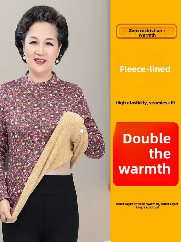 Warm Fleece Lined Base Layer T-Shirt for Older Women Autumn Winter Top Comfortable Breathable Casual Style Mom Clothes