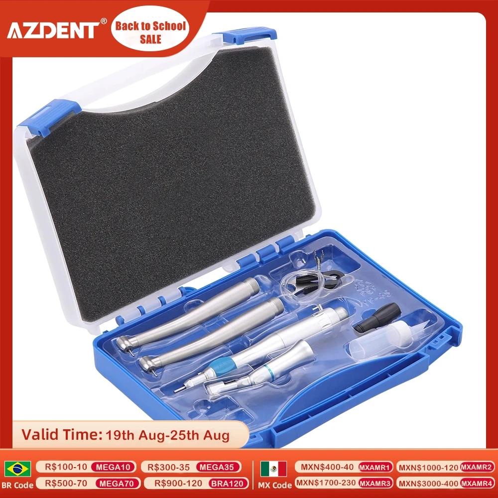 

AZDENT Dental Handpiece Set High Speed and Low Speed Standard Head Contra Angle Straight Nosecone 2/4 Holes Air Motor Whole Kit