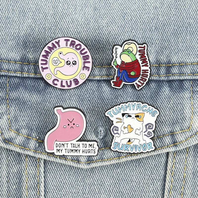 Stomachache Survivor Pin TUMMYACHE SURVIVOR Brooch with Lying Calico Cat Accessory for Daily Wear Relatable Gut Style