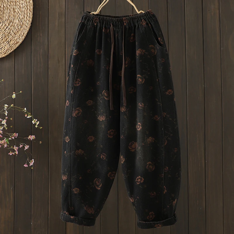 Fall Vintage plus Size Loose Slimming Print Brushed Denim Women's Wide Leg Pants Elastic Long Trousers Casual Straight Fit Jeans