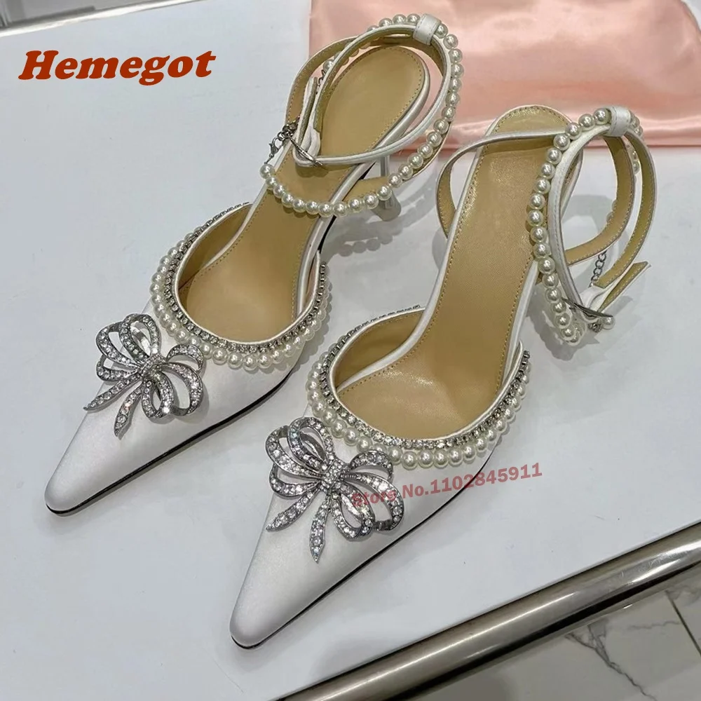 

Crystals Butterfly-Knot Slingback Pumps Rhintstones Side Pearl Buckle Women's Sandals Pointy Toe Stiletto Heels Luxury Shoes