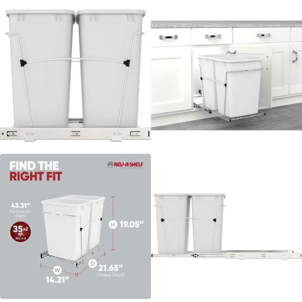 

Double Pullout Trash Can with 35 Qt Capacity on Full-Extension Slides, White Kitchen Cabinet Bin