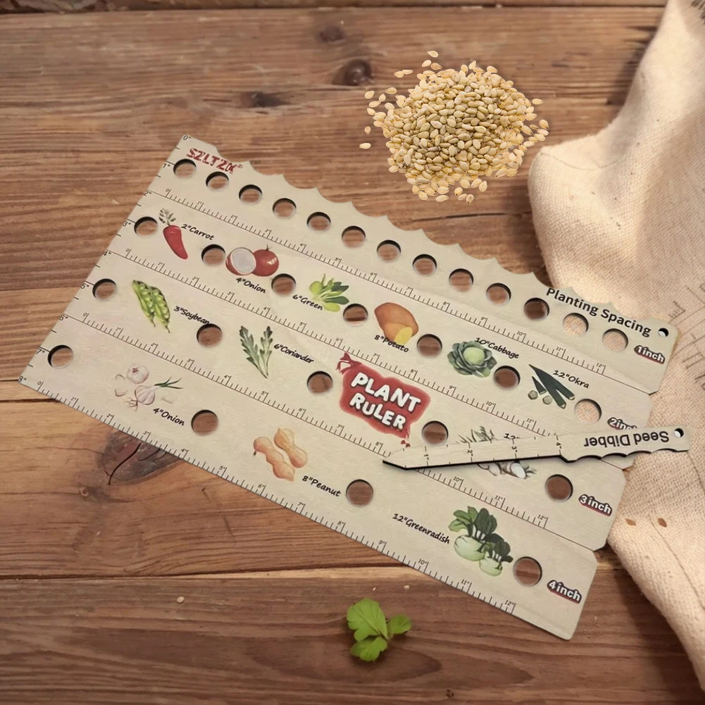 Wooden Plant Ruler with Seed Dibber Multifunction Seed Spacing Ruler Portable Garden Ruler with Plant Dibber with Planting Guide
