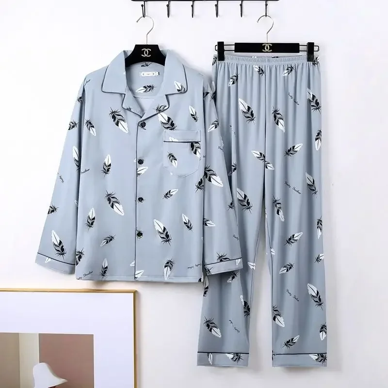 Large Size Men Pyjamas Long-Sleeved Fall and Winter Sleepwear Homewear 2PCS Set Cardigan Plaid Top Trousers Nightwear Loungewear