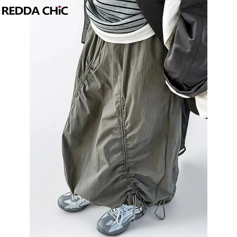 

REDDACHiC Army Green Women's Parachute Skirt Pockets A-line Drawstring Maxi Long Baggy Cargo Skirt Workout Sport Retro Clothes