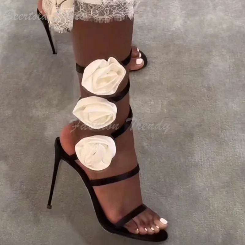 

White Satin Floral Wrap Around Heels Woman Gold Satin Open Sandals Elegant Rose Red Slingback Pump Shallow Hollow Dress Shoes