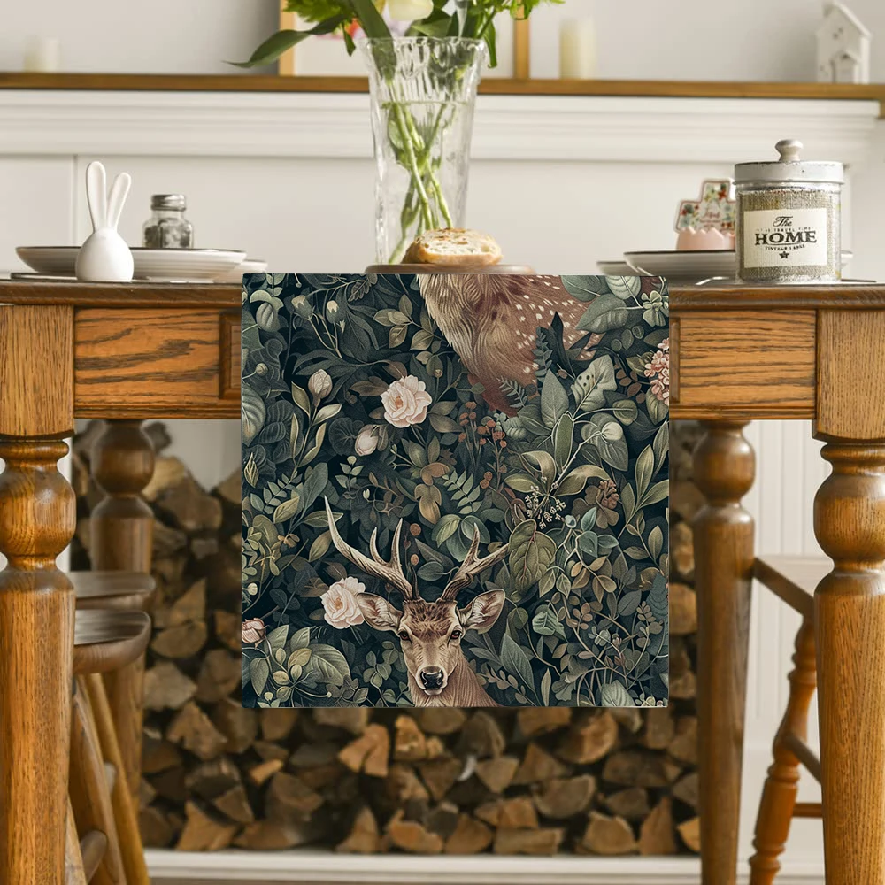 William Morris Plant Deer Fox Table Runner Polyester Table Runners for Dining Room Cottagecore Polyester Table