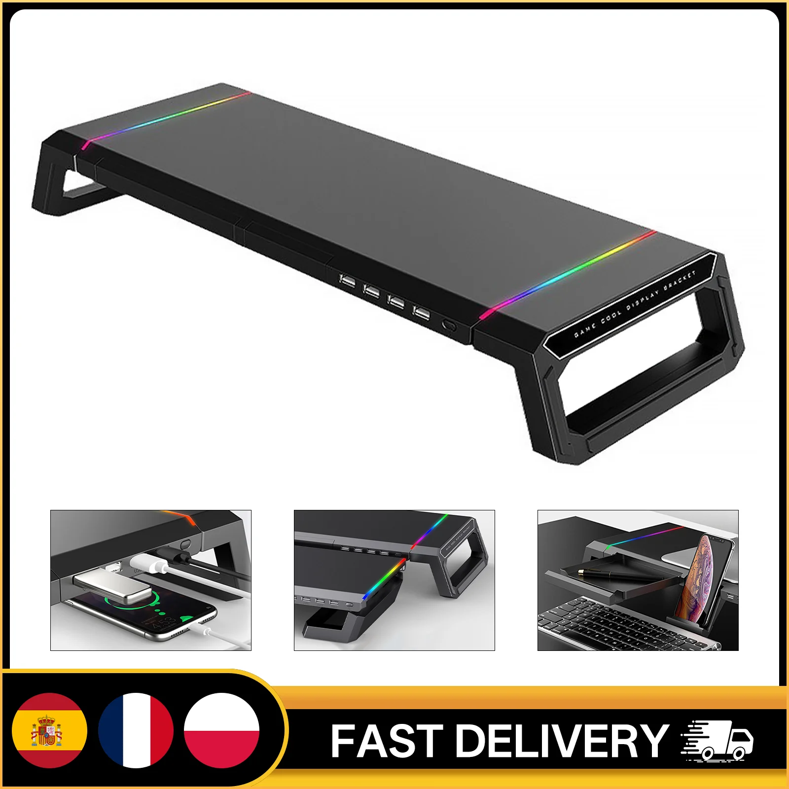Soporte para Monitor con Hub USB 3.0, Elevador de Computadora Plegable, Organizador Ergonómico de Escritorio con Soporte para Teléfono y Luz RGB para Pantalla de PC/Laptop