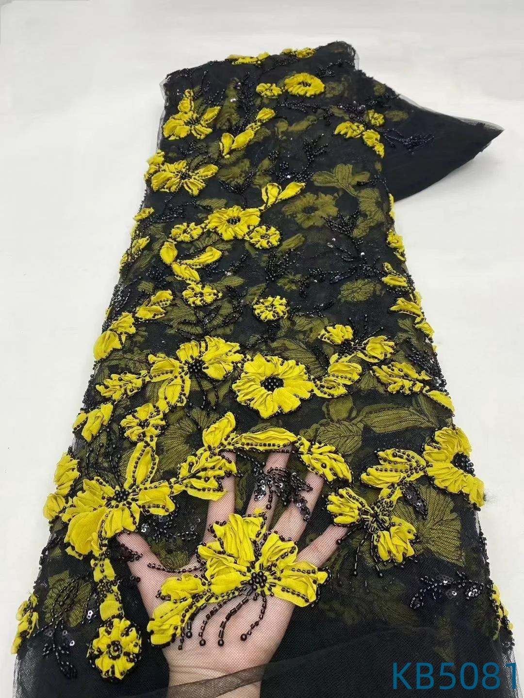 

African Sequins 3D Flower Lace Fabrics High Quality 5 Yards Beads Embroidery French Nigerian Tulle Lace Fabric For Sewing KB5081