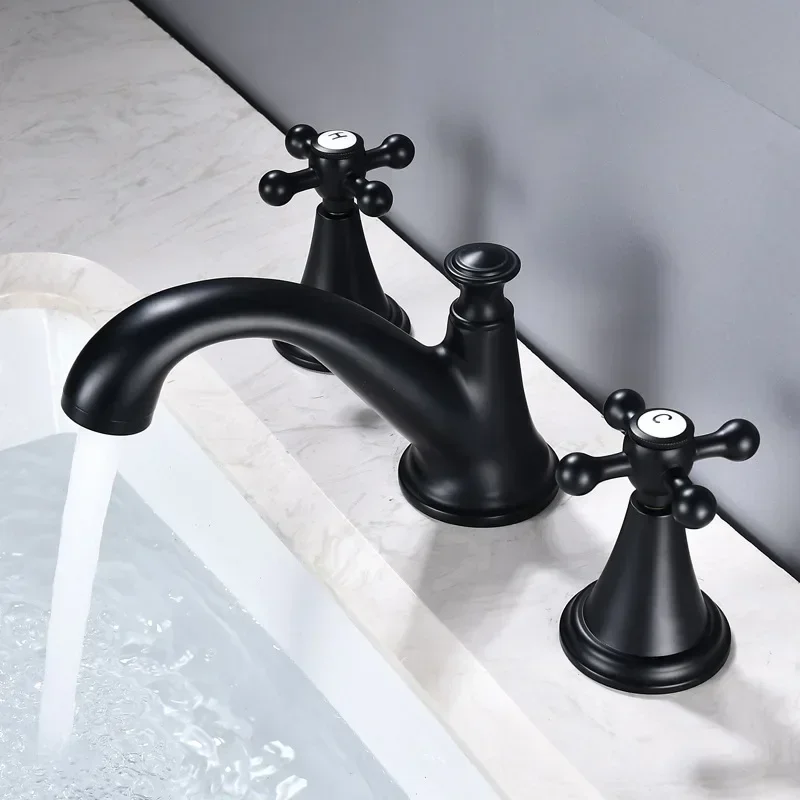 DurableBathroom Three Hole Double Handle Basin All Copper Double Switch Faucet European Split Dual Control Cold And Hot Faucet